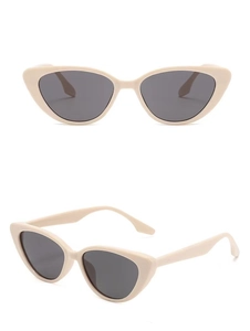 Front and side views of cat eye sunglasses with cream frames and dark grey lenses
