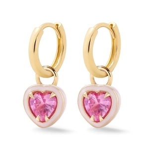 Close-up of heart-shaped pink enamel earrings with gold hoop and pink gemstones