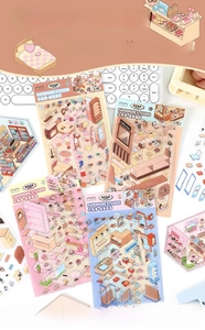 Detail of 2.5D miniature scenery PET stickers with room and cafe themes for journaling