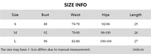 Detailed size guide table for bikini top set with bust waist and hips measurements