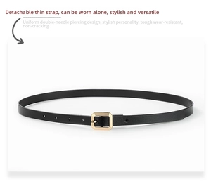 Detail of black PU leather belt featuring a geometric gold hexagon buckle and adjustable holes