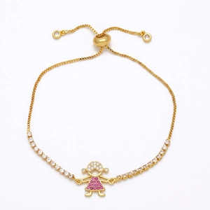Adjustable gold bracelet with cute girl pendant and pink gemstones for couples