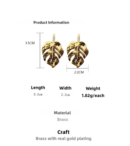 Detailed size chart for monstera leaf gold plated earrings 3.5cm by 2.2cm specs