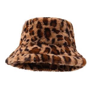 Winter faux fur leopard print bucket hat for women with soft plush warm texture