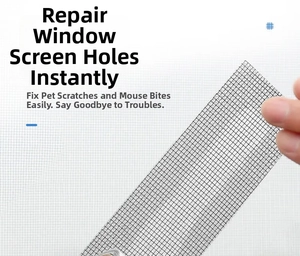 Close-up of gray self-adhesive screen repair tape fixing a hole in mesh window screen