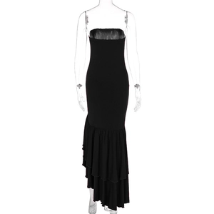 Detail of black off-shoulder bodycon dress with irregular ruffled fishtail hemline