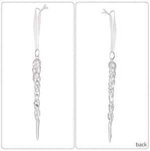 Detailed front and back view of a clear spiral icicle ornament with white ribbon