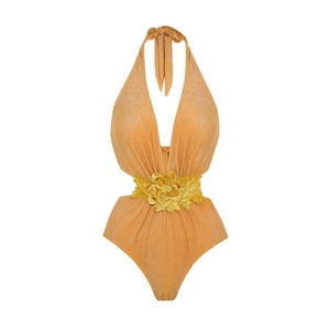 Maillot de bain une pièce doré avec décolleté en V, tissu pailleté et décor floral