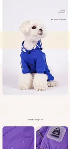 Close-up of waterproof fabric and hood detail on the four-legged pet raincoat