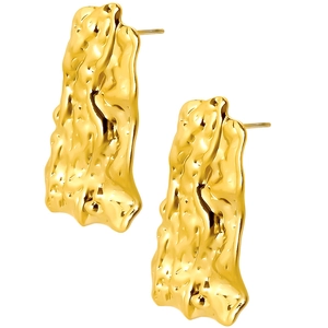 Detail view of 18k gold plated stainless steel earrings with irregular lava texture