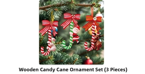 Wooden candy cane 3-piece set with snowman, Santa, and reindeer hanging on Christmas tree