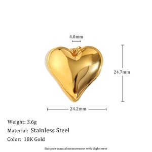 Detailed view of 18K gold stainless steel heart pendant with precise measurements