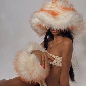 Y2K punk style faux raccoon fur bucket hat and fluffy sleeve set in white and orange