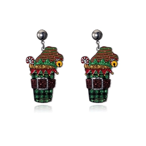 Orecchini a perno natalizi con elfo in tazza scozzese verde e glitter per le feste