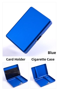 Blue brushed aluminum cigarette and card case with dual-purpose interior compartments