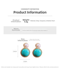 Detailed view of vintage round turquoise earrings with white pearl and gold alloy rim