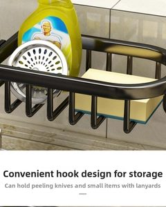 Detail of black faucet storage rack showing hook design for kitchen organization