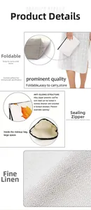 Detail view of foldable white linen makeup bag with durable alloy zipper and large interior