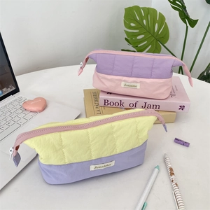 Quilted pastel patchwork stationery pouch with large capacity and soft nylon texture