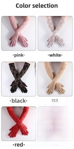 Detailed comparison of long floral lace gloves in pink, white, black, beige and red