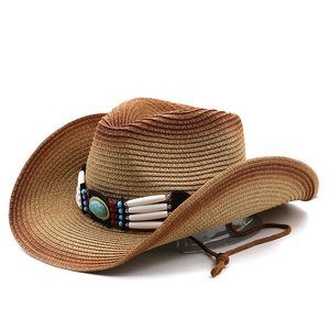 Western style straw cowboy hat with turquoise beads and adjustable chin strap