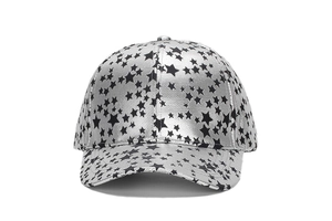 Detail view of silver metallic baseball cap with black star pattern on high quality fabric