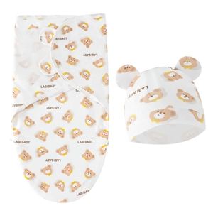 Newborn swaddle wrap and hat set with cute brown bear pattern on soft white fabric