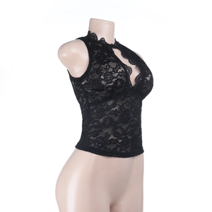 Side view of a sexy black lace halter top showing hollow texture on a mannequin