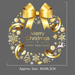 Golden Christmas wreath wall sticker with festive balls and snowflake patterns, 45x48.3cm