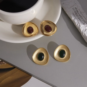 Luxurious matte gold stainless steel resin stud earrings with oval red and green gems