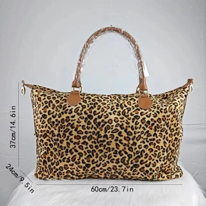 Leopard print weekender canvas bag dimensions detail showing 60x24x37cm size on white rug