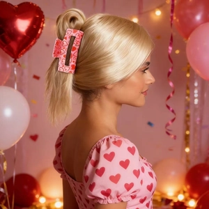 Pink square hair claw clip with red heart patterns worn by a blonde woman in a party setting