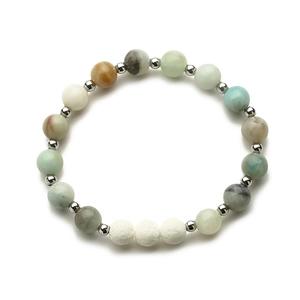Detailed close-up of tiger eye and lava stone beads on elastic bracelet with metal spacer
