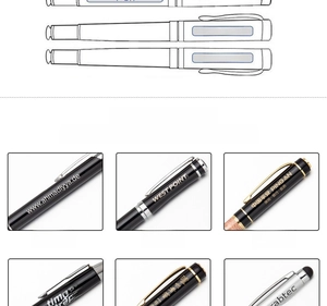 Detailed view of custom metal pen barrels showing laser engraving and logo printing textures