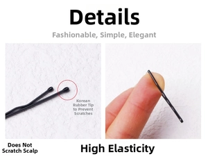 Detail of black metal hair clip showing rounded tips and high elasticity flexibility