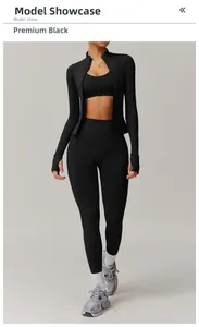 Detail of high-stretch black yoga set featuring thumbhole cuffs and slim fit design