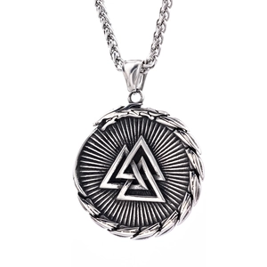 Nordic Viking Valknut pendant necklace in matte silver stainless steel on white background