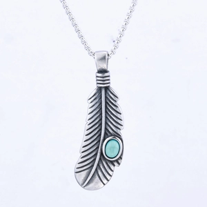 Vintage stainless steel feather pendant with turquoise gemstone on silver chain necklace