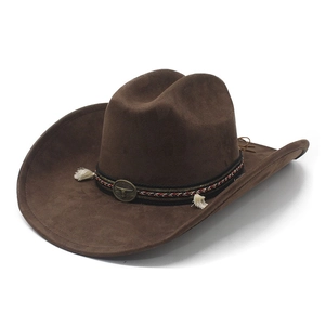 Detail of dark brown faux suede cowboy hat with woven band and bull head metal badge
