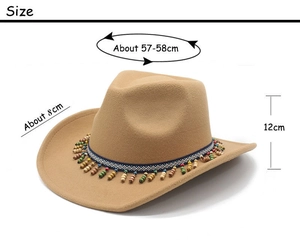 Detailed size chart for wide brim fedora hat with ethnic beaded band and 8cm brim
