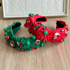 Christmas Headband Knitted Fabric Knotted Wide Hairband Rhinestone Faux Artificial Pearl Festive Ornament Party Hair Accessory Women