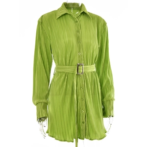 Detail of green pleated fabric texture on a long sleeve dress with button-up collar