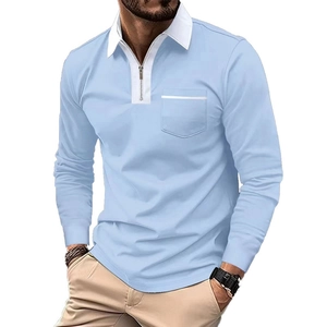 Detail of light blue long sleeve polo shirt with white contrast collar and zipper placket