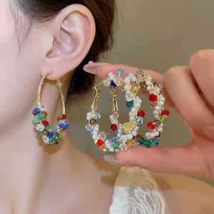 Colorful Crystal Beaded Hoop Earrings With Faux Artificial Pearls And 925 Sterling Silver Earring Post Bohemian Round Woven Jewelry