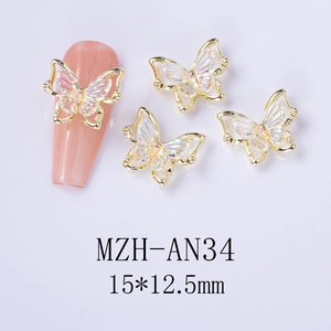 Macro view of 3D laser iridescent butterfly nail charms with gold alloy frame MZH-AN34