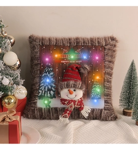 Detail of plush Christmas pillowcase featuring a glowing snowman design and LED lights