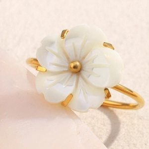 Flower Ring 18K Gold Plated Stainless Steel White Shell Adjustable Open Design French Elegant Style For Women