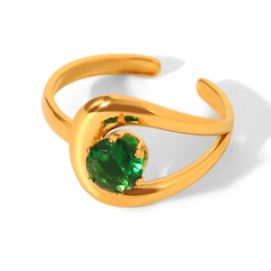 Detailed close-up of a high-polish gold ring featuring a sparkling green gemstone
