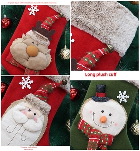 Detail view of 3D Santa and Reindeer plush patterns on Christmas stockings with bells