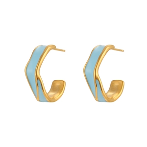 18K gold plated stainless steel C-shape earrings with light blue enamel finish